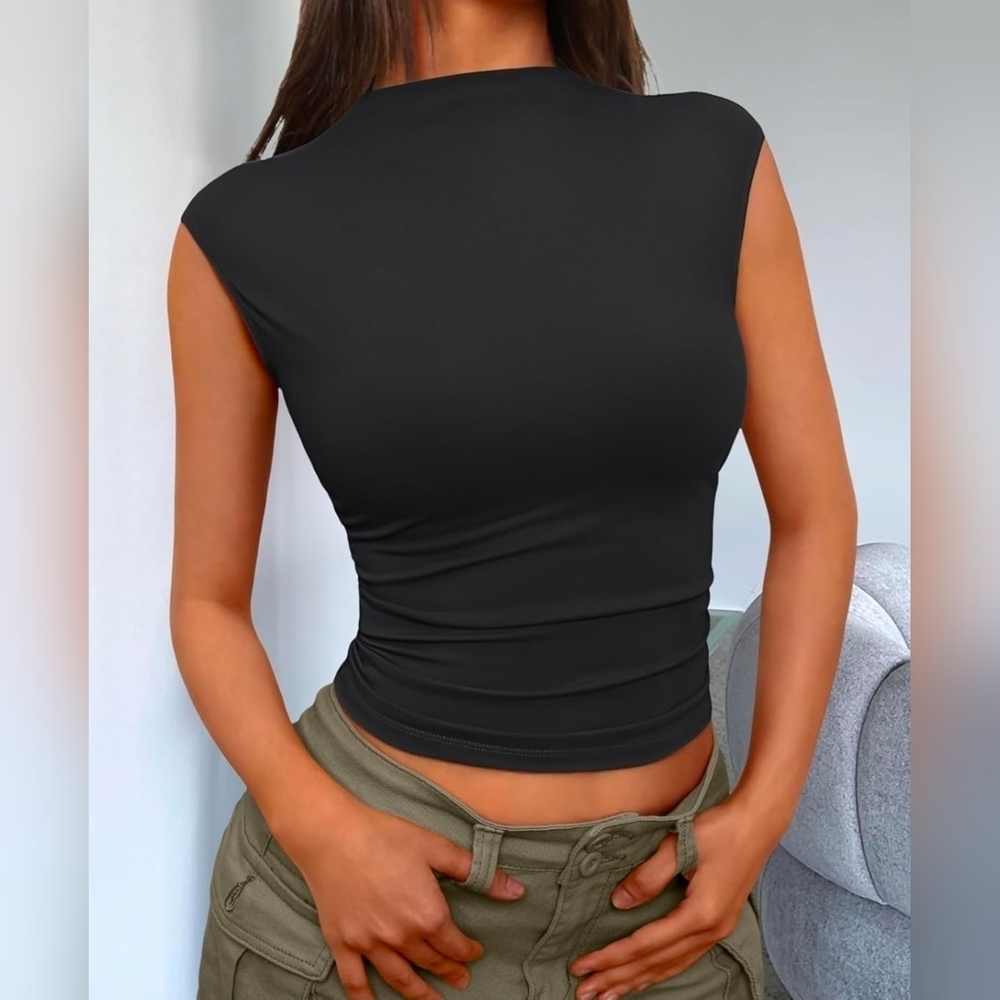 Black Sleeveless Stretchy Mock Neck Ruched Sides Casual Top, Women's Size Large